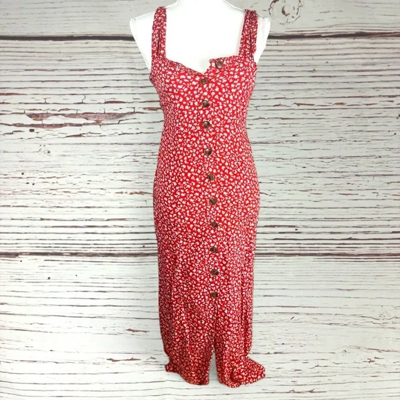 Joyous Red Floral Button Front Midi Dress – Smocked Back – Size M - Picture 1 of 8